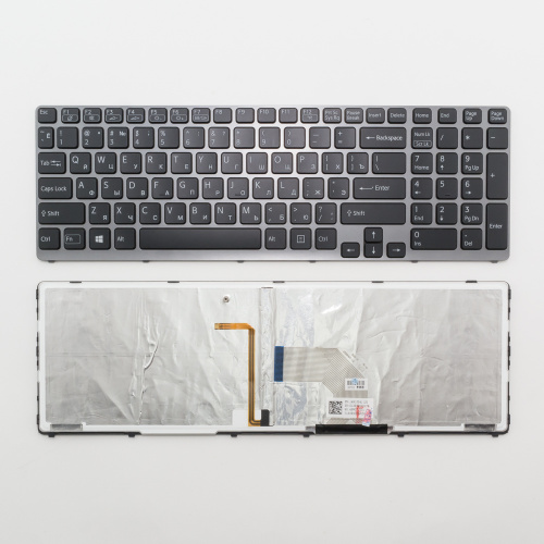 Клавиатура для ноутбука Sony Vaio SVE17 черная с серой рамкой, с подсветкой